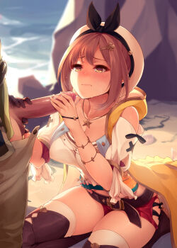 1boy 1girl atelier_(series) atelier_ryza atelier_ryza_1 belt blush boots breasts brown_belt brown_eyes brown_footwear brown_gloves brown_hair cleavage closed_mouth collarbone flask gloved_handjob gloves hair_between_eyes hair_ornament hairclip handjob hat hetero highres jacket jewelry large_breasts leather_belt lips male_pubic_hair necklace outdoors penis pubic_hair red_shorts reisalin_stout ricegnat round-bottom_flask seiza short_hair short_shorts shorts single_glove sitting sleeveless sleeveless_jacket solo_focus star_(symbol) star_necklace sweat test_tube thigh_boots thighhighs thighs uncensored white_headwear white_thighhighs yellow_jacket