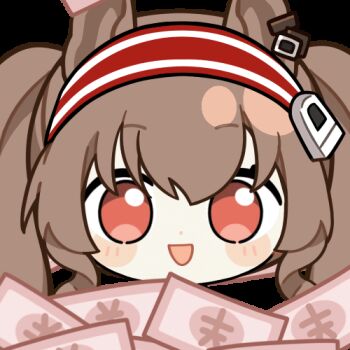 1girl :d angelina_(arknights) animal_ears animated animated_gif arknights banknote blush brown_hair chinese_commentary chunye_haruya commentary_request dot_nose earpiece falling_money fox_ears hair_between_eyes hairband long_hair looking_at_viewer lowres money open_mouth red_eyes red_hairband second-party_source smile solo striped_clothes striped_hairband transparent_background twintails two-tone_hairband upper_body