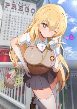 1girl absurdres bag blonde_hair blue_sky breasts brown_eyes building cardigan_vest closed_mouth cloud commentary_request day gloves gratin_(kumaisao) handbag heart highres holding holding_bag large_breasts long_hair miniskirt one_eye_closed outdoors railing school_uniform serafuku shirt shoes shokuhou_misaki skirt sky smile solo star-shaped_pupils star_(symbol) symbol-shaped_pupils thighhighs toaru_kagaku_no_railgun toaru_majutsu_no_index tokiwadai_school_uniform very_long_hair white_gloves white_shirt zettai_ryouiki