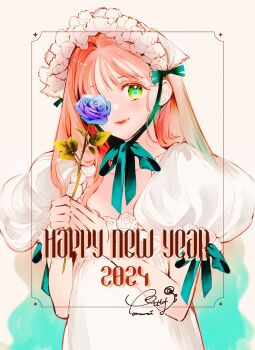 Rule 34 | 1girl, 2024, absurdres, b etty01tm, blue flower, blue rose, bonnet, bow, commentary request, dress, english text, flower, green eyes, hana himeru kimi no meteor, happy new year, highres, holding, holding flower, looking at viewer, new year, one eye covered, puffy sleeves, rose, signature, smile, solo, star-shaped pupils, star (symbol), stella quinwich, symbol-shaped pupils, white background, white bonnet, white dress
