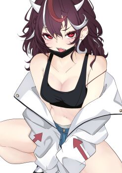 1girl absurdres arrow_print black_sports_bra blue_shorts breasts brown_hair cleavage coat commentary_request ear_piercing fang foot_out_of_frame highres jacket jacket_partially_removed kijin_seija long_hair long_sleeves looking_at_viewer mask mask_pull medium_breasts mouth_mask multicolored_hair navel open_mouth piercing red_eyes red_streaks shorts simple_background small_horns solo sports_bra squatting streaked_hair touhou unanooo_(fthx7532) v_arms white_background white_jacket white_streaks