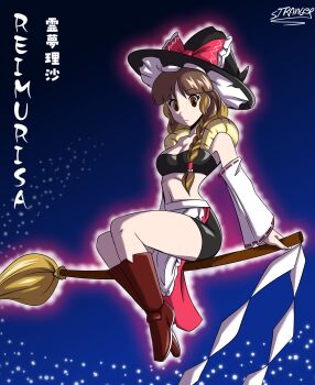 Rule 34 | 1girl, :|, absurdres, apron, artist name, bare shoulders, black background, black hat, black shorts, black tube top, blonde hair, blue background, blunt bangs, boots, bow, braid, braided ponytail, breasts, broom, broom riding, brown boots, brown eyes, brown hair, character name, check clothing, cleavage, closed mouth, clothing request, collarbone, commentary, detached sleeves, dragon ball, dragonball z, english commentary, frilled bow, frills, full body, fusion, glowing, gradient background, hakurei reimu, hat, hat bow, highres, kirisame marisa, knee boots, large bow, looking at viewer, medium breasts, metamoran vest, midriff, multicolored hair, navel, outline, pelvic curtain, raised eyebrows, red bow, red loincloth, red outline, red ribbon, ribbon, ribbon-trimmed sleeves, ribbon trim, shorts, signature, sitting, solo, strangermen, strapless, touhou, translation request, tube top, two-tone bow, two-tone hair, waist apron, white apron, white bow, white sleeves, wide sleeves, witch hat