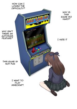 Rule 34 | 1girl, absurdres, arcade cabinet, blue bow, blue jacket, bow, brown footwear, brown hair, commentary, english commentary, english text, game over, game screenshot, graveyard, green skirt, hair bow, highres, idolmaster, idolmaster cinderella girls, jacket, long hair, makaimura, mrhunking, on floor, plaid clothes, plaid skirt, school uniform, sir arthur (makaimura), sitting, skirt, socks, solo, tachibana arisu, wariza, white background, white socks, zombie