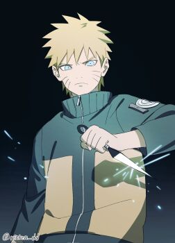 1boy blonde_hair blue_eyes closed_mouth facial_mark highres holding holding_kunai holding_weapon jacket kunai long_sleeves looking_at_viewer male_focus naruto_(series) naruto_shippuuden ningyeon short_hair solo spiked_hair twitter_username upper_body uzumaki_naruto weapon whisker_markings