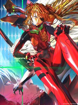 1girl alexa_mosyakina angel_(evangelion) bandaged_arm bandages blue_eyes bodysuit breasts brown_hair curvy eva_02 eyepatch floating_hair hand_on_own_hip highres interface_headset_(evangelion) lilith_(ayanami_rei) long_hair looking_at_viewer mecha mecha_pilot_suit multiple_girls neon_genesis_evangelion parted_lips plugsuit_(evangelion) rebuild_of_evangelion red_bodysuit robe robot souryuu_asuka_langley the_end_of_evangelion tsundere wide_hips