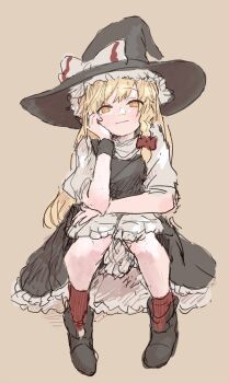 1girl apron black_dress blonde_hair blush boots braid closed_mouth commentary_request dress elbow_rest frilled_dress frills full_body hair_ribbon hand_on_own_face hand_rest hat hat_ribbon head_rest highres kirisame_marisa long_hair looking_at_viewer motsuni_(artist) red_socks ribbon ribbon_in_braid shirt simple_background single_braid single_wrist_cuff sitting socks solo touhou white_apron white_ribbon white_shirt witch_hat wrist_cuffs yellow_eyes