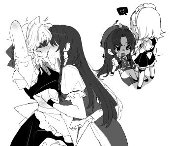 2girls absurdres apron blindfold blush braid clothes_lift dress french_kiss greyscale hat highres hong_meiling izayoi_sakuya kiss knife long_hair maid maid_apron maid_headdress medium_hair monochrome multiple_girls saliva sarukana shirt_lift side_braid thigh_strap tongue touhou yuri