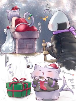 1girl ahoge animal_ear_fluff animal_ears blush cat cat_ears cat_girl cat_tail chimney coat commentary_request dress food fur-trimmed_headwear fur_trim gift hat highres hololive ikayaki_(ikayaki4) long_sleeves nekomata_okayu onigiri onigirya_(nekomata_okayu) open_mouth purple_eyes purple_hair sack santa_costume santa_dress santa_hat short_hair tail tail_wagging virtual_youtuber winter_clothes winter_coat