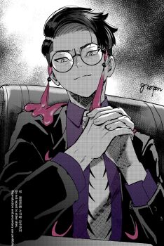 black_jacket chair closed_mouth collared_shirt commentary_request corbeau_(pokemon) fingernails glasses goopon highres jacket lapels long_sleeves looking_at_viewer necktie nintendo open_clothes open_jacket own_hands_clasped own_hands_together parted_hair pokemon pokemon_legends:_z-a purple_shirt round_eyewear shirt short_hair signature sitting suit_jacket tassel watermark white_necktie wing_collar yellow_eyes