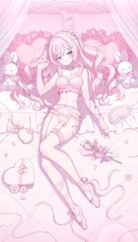 1girl arm_warmers ballet_slippers balletcore blush bouquet bow box box_of_chocolates bra breasts choker commission eye_mask fingernails flower frilled_bra frilled_panties frilled_thigh_strap frills full_body garter_belt hair_ornament hair_ribbon hairclip hand_up heart heart-shaped_pillow highres himeno_aimu indie_virtual_youtuber jewelry long_fingernails long_hair looking_at_viewer lying mask medium_breasts mirror narrow_waist necklace on_back on_bed panties petals pillow pink_arm_warmers pink_bow pink_flower pink_garter_belt pink_hair pink_panties pink_theme pink_tulip purple_eyes ribbon ribbon-trimmed_bra ribbon_trim rope_choker second-party_source sidelocks skeb_commission smile snow_is solo string_of_pearls stuffed_toy swept_bangs thigh_strap tulip two_side_up underwear virtual_youtuber wavy_hair white_bow