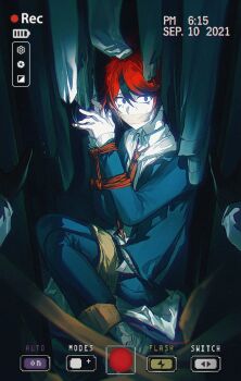 2boys absurdres ahoge aizendai aotsuki_eito black_pants black_streaks blue_eyes bound bound_arms bound_fingers bound_legs chinese_commentary closet commentary english_commentary fake_phone_screenshot fake_screenshot gag gloves grey_jacket highres hood hoodie improvised_gag jacket male_focus mixed-language_commentary multicolored_hair multiple_boys necktie nervous_sweating out_of_frame pants recording red_hair red_necktie shoes short_hair streaked_hair sumino_takumi sweat tape tape_gag the_hundred_line_-last_defense_academy- timestamp trapped unworn_clothes white_hoodie white_shoes