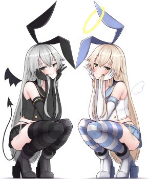 2girls absurdres anchor_hair_ornament angel_and_devil angel_wings black_gloves black_hairband black_panties black_sailor_collar black_shirt black_skirt blonde_hair blue_sailor_collar blue_skirt commentary crop_top demon_tail demon_wings dual_persona elbow_gloves gloves grey_eyes grey_hair hair_ornament hairband hands_on_own_face highleg highleg_panties highres kantai_collection long_hair microskirt miniskirt multiple_girls panties pleated_skirt sailor_collar shimakaze_(kancolle) shirt simple_background skirt sleeveless sleeveless_shirt squatting striped_clothes striped_thighhighs symbol-only_commentary tail thighhighs tiemu_(man190) underwear white_background white_gloves white_shirt wings