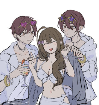 1girl 2boys adxrhk alstroemeria_(idolmaster) bikini bracelet breasts brown_eyes brown_hair closed_eyes closed_mouth commentary_request drink eyewear_on_head genderswap genderswap_(ftm) hair_over_shoulder hands_up heart heart-shaped_eyewear highres holding holding_drink hood hood_down hooded_jacket idolmaster idolmaster_shiny_colors jacket jewelry kuwayama_chiyuki long_hair long_sleeves looking_at_another multiple_boys navel open_mouth osaki_amana osaki_tenka pink-tinted_eyewear purple-tinted_eyewear shirt short_hair simple_background standing star-shaped_eyewear star_(symbol) sunglasses swimsuit tinted_eyewear white_background white_bikini white_jacket white_shirt