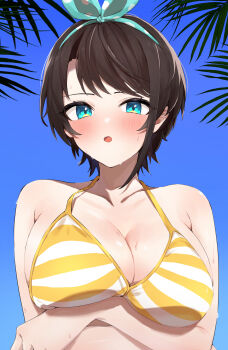 1girl :o absurdres arms_under_breasts bikini black_hair blue_sky blush bow breasts cleavage collarbone crossed_arms hair_bow highres hololive kakeru_(kakeruanim) large_breasts leaf looking_at_viewer oozora_subaru oozora_subaru_(hololive_summer_2019) open_mouth polka_dot polka_dot_bow short_hair sky solo square striped_bikini striped_clothes swimsuit upper_body virtual_youtuber wet