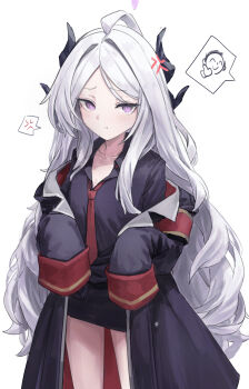 1girl :t ^_^ absurdres ahoge anger_vein armband black_coat black_skirt blue_archive closed_eyes coat coat_partially_removed collarbone commentary cosplay demon_horns doodle_sensei_(blue_archive) gabang grey_hair highres hina_(blue_archive) horns iroha_(blue_archive) iroha_(blue_archive)_(cosplay) long_hair looking_at_another miniskirt multiple_horns necktie open_collar out_of_frame pencil_skirt pink_eyes pout red_armband red_necktie sensei_(blue_archive) skirt sleeves_past_fingers sleeves_past_wrists solo spoken_anger_vein spoken_expression thighs thumbs_up very_long_hair