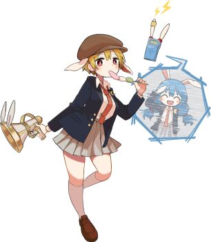 2girls alternate_costume animal_ears blazer blonde_hair blue_hair blush brown_hat newsboy_cap collared_shirt crescent crescent_pin dango eating floppy_ears food game_cg grey_skirt gun hakurei_frontier_spell_strive hat highres holding holding_gun holding_skewer holding_weapon jacket kneehighs kyuukei_usagi loafers long_hair long_sleeves looking_at_viewer low_twintails lunatic_gun multiple_girls necktie official_art open_clothes open_jacket open_mouth pleated_skirt rabbit_ears red_eyes red_necktie ringo_(touhou) sanshoku_dango school_uniform seiran_(touhou) shirt shoes short_hair skewer skirt smile socks third-party_source touhou transparent_background twintails wagashi weapon white_shirt white_socks