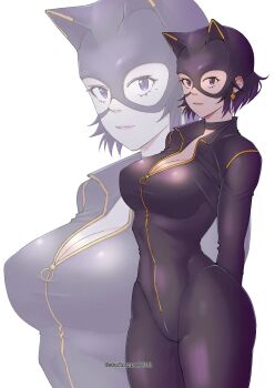 1girl animal_ears anna_ayasaki arms_behind_back batman_(series) black_bodysuit black_mask bodysuit breasts cat_ears cat_mask catsuit catwoman catwoman_(cosplay) cleavage closed_mouth commentary cosplay cowboy_shot dc_comics earrings eye_mask fake_animal_ears full-length_zipper highres jewelry large_breasts looking_at_viewer mask mole mole_under_eye original partially_unzipped purple_eyes purple_hair short_hair studionice2011 zipper zipper_pull_tab zoom_layer