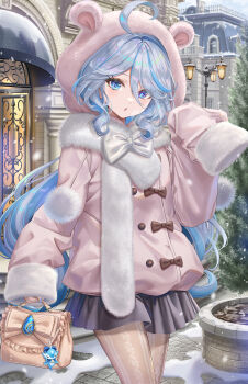 1girl absurdres alternate_costume animal_ears bag bear_ears black_skirt blue_eyes blue_hair brown_pantyhose commentary_request drop-shaped_pupils fake_animal_ears furina_(genshin_impact) genshin_impact grey_hair handbag heterochromia highres holding holding_bag long_hair long_sleeves looking_at_viewer mismatched_pupils multicolored_hair outdoors pantyhose scarf skirt smile solo standing streaked_hair symbol-shaped_pupils torino_aqua white_scarf winter_clothes