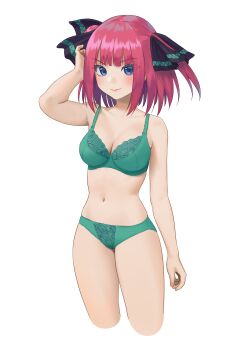 absurdres adjusting_hair arm_at_side blue_eyes bra breasts butterfly_hair_ornament carlo_montie cleavage closed_mouth cropped_legs go-toubun_no_hanayome green_bra green_panties hair_ornament highres looking_at_viewer medium_breasts nakano_nino navel panties pink_hair simple_background smile solo stomach two_side_up underwear underwear_only white_background