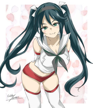 1girl black_hair black_necktie breasts buruma detached_sleeves gakky green_eyes highres isuzu_(kancolle) isuzu_kai_ni_(kancolle) kantai_collection large_breasts necktie petals red_buruma sailor_collar shirt sleeveless sleeveless_shirt smile solo thighhighs twintails white_sailor_collar white_thighhighs