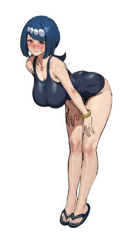 Rule 34 | 1girl, bent over, black one-piece swimsuit, blue eyes, blue hair, blush, bracelet, breasts, cleavage, freckles, full body, highres, jewelry, lana's mother (pokemon), large breasts, looking at viewer, mature female, mx2j, nintendo, one-piece swimsuit, pokemon, pokemon sm, sandals, simple background, solo, standing, swimsuit, thighs, white background