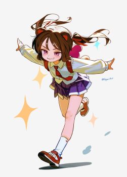 1girl absurdres animal_ears backpack bag bear_ears bear_girl blue_skirt blush brown_hair collared_shirt full_body grey_background grin hepari highres long_hair long_sleeves looking_at_viewer necktie original outstretched_arms pink_eyes pleated_skirt red_necktie red_shoes sharp_teeth shirt shoes simple_background skirt smile sneakers socks solo teeth twintails twitter_username white_shirt white_socks