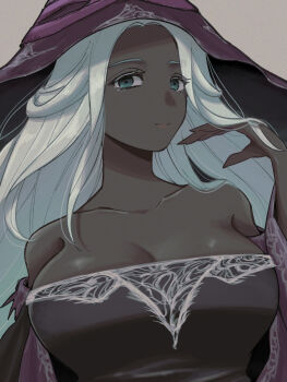 1girl bare_shoulders breasts cleavage collarbone colored_eyelashes commentary_request dark-skinned_female dark_skin elden_ring elden_ring_nightreign green_eyes hat highres huge_breasts large_hat long_hair long_sleeves looking_at_viewer noujiru_tanaka purple_hat purple_sleeves recluse_(elden_ring) simple_background solo upper_body very_dark_skin white_background white_eyelashes white_hair witch_hat