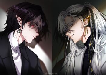 2boys absurdres black_hair black_suit cassian_floros dangocue earrings first_stage_production formal_clothes highres jewelry long_hair lucien_lunaris multiple_boys pointy_ears red_eyes smirk suit vampire virtual_youtuber white_hair white_suit yellow_eyes