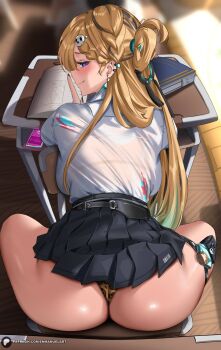 1girl absurdres animal_print ass back black_skirt blonde_hair blue_eyes blush braid breasts chair commentary desk earrings english_commentary enma_(enmanuelart) hair_ornament highres index_finger_raised jewelry large_breasts leopard_print leopard_print_panties long_hair looking_at_viewer looking_back lynae_(wuthering_waves) panties print_panties school_desk shirt skirt skull_hair_ornament smile solo thong underwear white_shirt wuthering_waves