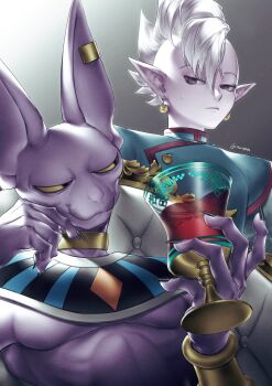 2boys absurdres aqua_vest beerus black_eyes black_nails bracer cat_boy choker colored_sclera colored_skin commentary_request cup dragon_ball dragon_ball_super earrings film_grain fingernails furry furry_male gem gold_bracer gold_choker highres holding holding_cup jewelry kaioushin large_ears linea_alba long_fingernails looking_at_another looking_down looking_to_the_side male_focus mohawk multiple_boys owo8090 pointy_ears potara_earrings purple_skin shin_(dragon_ball) short_hair sitting sphere_earrings sweatdrop twitter_username upper_body usekh_collar vest white_hair yellow_gemstone yellow_sclera