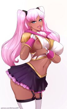 1girl breasts catherine_sabathra code_geass code_geass:_dakkan_no_roze dark-skinned_female dark_skin earrings female_focus garter_straps highres hoop_earrings jewelry large_breasts lips long_hair looking_at_viewer midriff miniskirt navel nipples nofuture parted_lips patreon_username pink_hair shiny_skin simple_background skirt solo standing twintails very_long_hair watermark web_address white_background wide_hips
