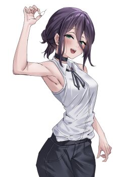 Rule 34 | 1girl, armpits, bare arms, bare shoulders, black choker, black hair, black ribbon, black shorts, breasts, chainsaw man, choker, collared shirt, commentary request, cowboy shot, green eyes, grenade pin, highres, holding, medium breasts, neck ribbon, open mouth, reze (chainsaw man), ribbon, shirt, shirt tucked in, shorts, simple background, sleeveless, sleeveless shirt, smile, solo, teeth, upper teeth only, uyufuzi s, white background, white shirt