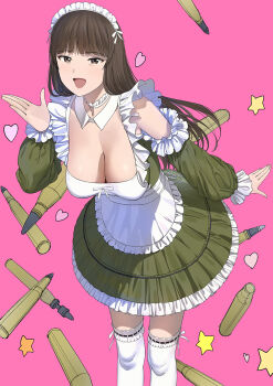 1girl :d a1_(initial-g) apron blunt_bangs blush breasts brown_eyes brown_hair commentary_request dress girls_und_panzer highres large_breasts long_hair looking_at_viewer maid maid_apron maid_headdress mature_female nishizumi_shiho open_mouth pink_background smile solo standing star_(symbol) star_symbol_background straight_hair tongue waist_apron waving