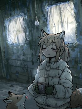 1girl absurdres animal animal_ears brown_hair closed_eyes cup floor fox fox_ears fox_girl fox_girl_(yihan_world) fox_tail gloves green_gloves highres indoors jacket light_bulb mug original padded_jacket ponytail steam tail toggles tongue tongue_out yihan_world