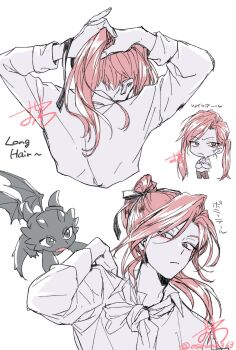 1boy adjusting_hair cale_henituse character_name chibi chibi_inset closed_mouth collared_shirt cropped_torso crossed_arms dragon facing_away from_behind hair_ribbon highres long_hair long_sleeves looking_at_viewer lout_of_count&#039;s_family male_focus multiple_views osewa6363 partially_colored ponytail raon_miru red_hair ribbon shirt signature simple_background twintails twitter_username tying_hair upper_body white_background white_shirt