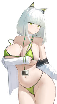 1girl absurdres alternate_breast_size_(larger) alternate_costume animal_ear_fluff animal_ears arknights badge bare_shoulders bikini breasts cat_ears cat_girl chinese_commentary choker ciexbiet cleavage commentary_request cowboy_shot green_bikini green_eyes highres huge_breasts kal&#039;tsit_(arknights) long_hair long_sidelocks long_sleeves looking_at_viewer micro_bikini navel open_clothes open_shirt parted_lips shirt shirt_partially_removed sidelocks simple_background solo stomach strap_slip swimsuit white_background white_choker white_hair white_shirt
