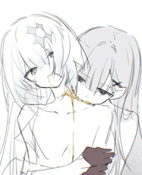 2girls alternate_hairstyle ame_amean biting black_eyes bleeding blood blood_from_mouth blood_on_neck blood_sucking blue_eyes blue_hair bright_pupils brown_gloves cerydra_(honkai:_star_rail) chromatic_aberration collarbone commentary_request expressionless flat_chest front-to-back gloves gold_blood grey_hair hair_down hair_ornament half_gloves hand_on_another's_arm head_tilt highres honkai:_star_rail honkai_(series) hug hug_from_behind hysilens_(honkai:_star_rail) kishimen_hair limited_palette long_hair looking_ahead looking_down multiple_girls neck_biting no_nipples nude pale_color parted_lips simple_background sketch straight_hair swept_bangs upper_body white_background white_pupils x_hair_ornament yuri