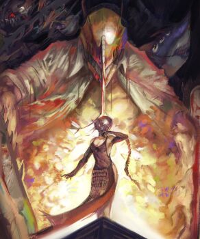 1boy 1girl abyssmalenia alternate_form apron black_apron bomb bomb_devil_(chainsaw_man) chainsaw chainsaw_man collared_shirt denji_(chainsaw_man) dynamite elbow_gloves explosion explosion_background explosive gloves grenade_pin highres object_head pull_cord shark shark_devil_(chainsaw_man) sharp_teeth shirt sleeves_rolled_up teeth