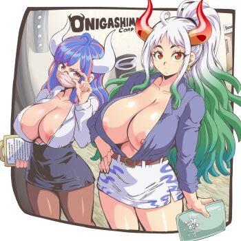 2girls blue_hair breasts cleavage lewdamone long_hair multicolored_hair multiple_girls one_piece ulti_(one_piece) yamato_(one_piece)
