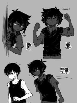 &gt;_&lt; 2boys antenna_hair bare_arms bare_shoulders behind_another clenched_hands closed_eyes closed_mouth collarbone collared_shirt corrupted_twitter_file cropped_torso double-parted_bangs facing_viewer glowing glowing_eyes grey_background greyscale hair_behind_ear hair_between_eyes hair_over_one_eye hands_up highres iomor_snuuy korean_text looking_at_another looking_at_viewer male_focus monochrome multiple_boys multiple_views omori omori_(omori) one_eye_covered open_mouth pants reference_inset shirt short_hair short_sleeves simple_background squiggle stranger_(omori) sweat sweater_vest tank_top upper_body v-shaped_eyebrows very_short_hair