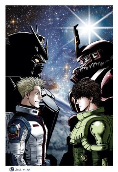 Rule 34 | 2012, 2boys, black hair, blonde hair, border, closed mouth, daryl lorenz, earth federation, full armor gundam, gundam, gundam thunderbolt, io fleming, mecha, mecha pilot suit, mobile suit, multiple boys, normal suit (gundam), official art, ohtagaki yasuo, one-eyed, profile, radio antenna, red eyes, robot, science fiction, short hair, space, v-fin, white border, yellow eyes, zaku ii (reuse p device), zeon