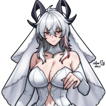 Rule 34 | 1girl, ahoge, artist name, bare shoulders, black horns, blush, breasts, bridal veil, bride, cleavage, collar, commentary, commission, dress, english commentary, hand up, highres, horns, jewelry, ko-fi commission, large breasts, looking at viewer, mole, mole on breast, red eyes, ring, rotomdocs, signature, smile, solo, veil, wedding dress, wedding ring, white background, white dress, white hair, wuthering waves, zani (wuthering waves)