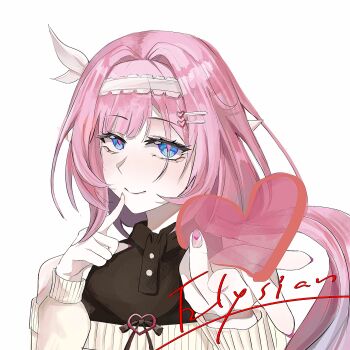 1girl 63_(lofter_258328038311) black_shirt blue_eyes breasts character_name chinese_commentary commentary_request elf elysia_(honkai_impact) grey_sweater hairband heart highres honkai_(series) honkai_impact_3rd long_hair looking_at_viewer medium_breasts pink_hair pointy_ears shirt simple_background smile solo sweater upper_body very_long_hair white_background white_hairband