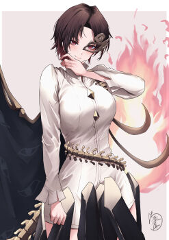 1girl absurdres asymmetrical_wings bone breasts brown_hair brown_mask buttons commentary diamond_button eye_print eyes_on_wings fiery_wings fire gold_buttons half_mask hand_on_own_chin highres iwanaga_ariya large_breasts long_sleeves mask mask_over_one_eye parted_bangs red_eyes shirt short_hair shorts signature simple_background skeletal_clothes skeletal_tail skeletal_wings smile solo spinal_cord standing tail touhou white_background white_shirt wings yagoro_kusuriya