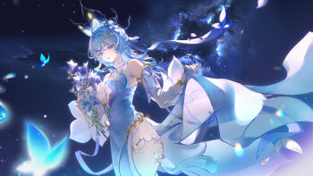 1girl absurdres alternate_costume bare_shoulders blue_butterfly blue_dress blue_hair blue_nails blue_sky bouquet breasts bug butterfly chinese_commentary colored_eyelashes commentary_request commission dress flower highres holding holding_bouquet insect light_smile looking_at_viewer looking_to_the_side medium_breasts nail_polish nebula night parted_lips purple_eyes shorekeeper_(wuthering_waves) sky solo wuthering_waves zelphal