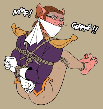 angry autotape98 bdsm bondage bound bound_ankles bound_wrists captain_amelia cloth_gag feet gag gagged highres improvised_gag shibari sweat tied_up treasure_planet