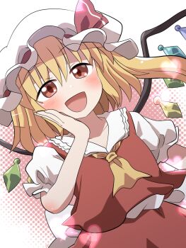 1girl :d back_bow blonde_hair blush bow collared_shirt commentary_request crystal_wings facing_viewer flandre_scarlet hand_on_own_cheek hand_on_own_face hat hat_ribbon highres long_hair mob_cap multicolored_wings open_mouth red_eyes red_ribbon ribbon rokugou_daisuke shirt short_sleeves side_ponytail smile solo touhou upper_body white_bow white_hat white_shirt wings