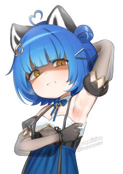 1girl ahoge animal_ears arm_behind_head arm_up armpit_focus armpits bandeau bare_shoulders blue_bow blue_bowtie blue_dress blue_hair bow bowtie breasts chromashift commentary commission detached_collar disgust dress empty_eyes english_commentary hair_bun hair_ornament hairclip heart heart_ahoge highres looking_at_viewer monomogi poko_rakun poko_rakun_(2nd_costume) presenting_armpit raccoon_ears shaded_face short_hair simple_background single_side_bun sleeveless small_breasts solo sweat sweatdrop upper_body v-shaped_eyebrows virtual_youtuber white_background white_bandeau yellow_eyes