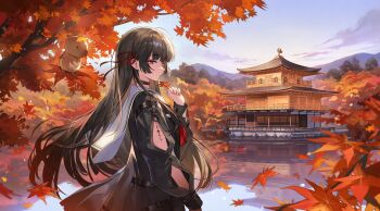 1girl architecture autumn_leaves black_hair chisa_(wuthering_waves) east_asian_architecture from_side lake leaf long_hair reflection reflective_liquid syagamu very_long_hair wuthering_waves