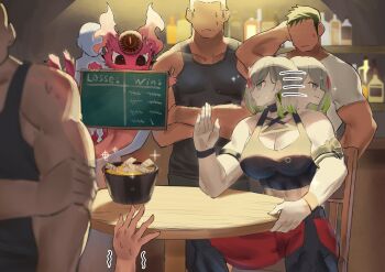 Rule 34 | 1girl, abs, absurdres, biceps, breasts, cleavage, colored tips, diabellstar the black witch, dougaku (passionpit777), duel monster, flexing, green hair, grey eyes, grey hair, highres, large breasts, medium hair, multicolored hair, muscular, muscular female, pale skin, snake-eyes poplar, sports bra, tank top, toned, yu-gi-oh!